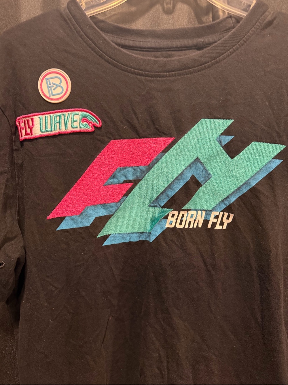 Born Fly Graphic Short Sleeve Tee in Black with Pink & Teal Accents